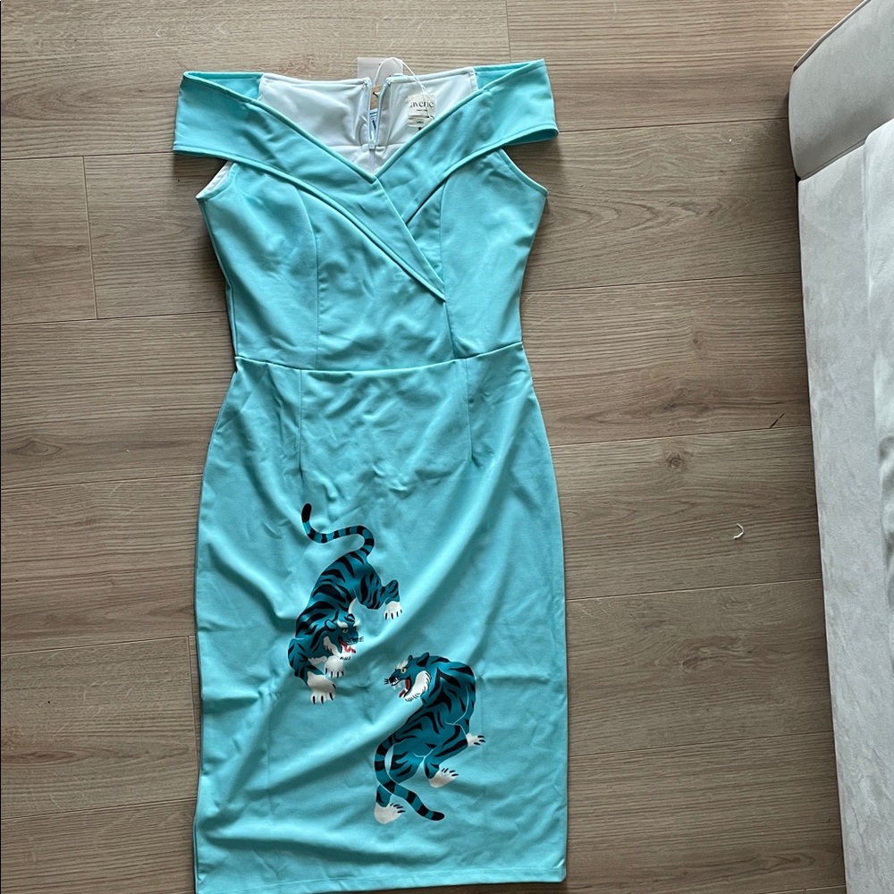 Chic Aqua Midi Dress with Tiger Motif NWT